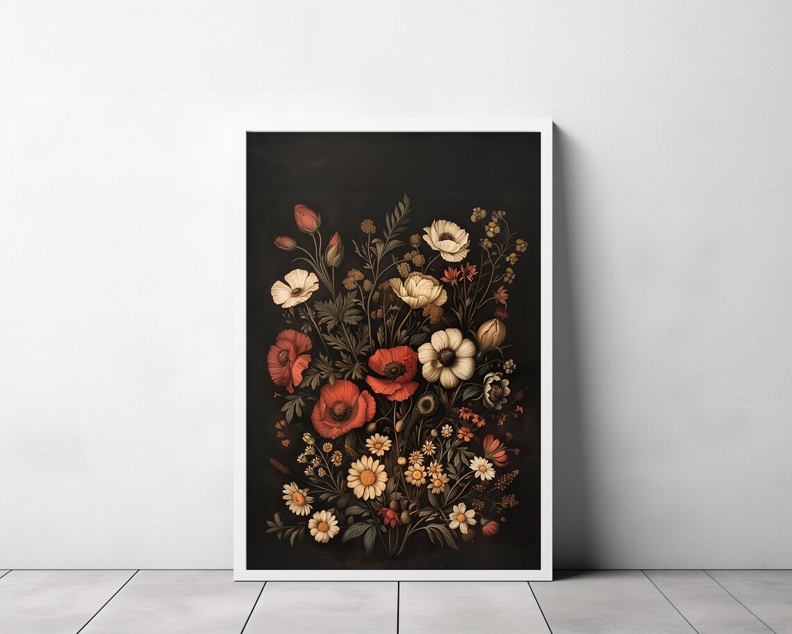 Red Poppy Moody Floral Bouquet Daisy and Anemone Vintage Poster - Image 3