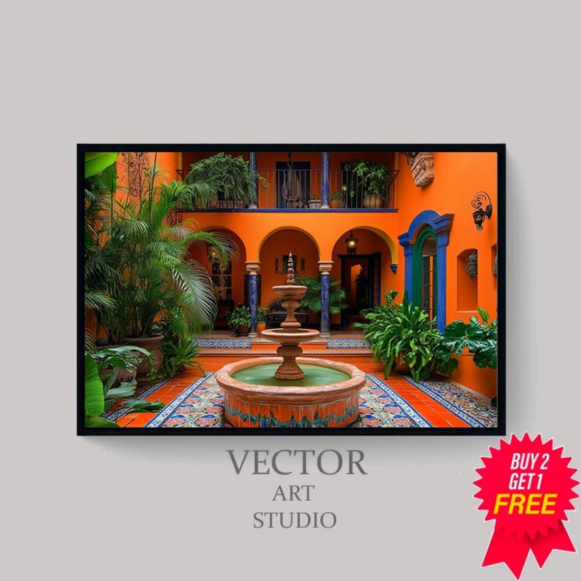 Mexican Courtyard With Orange Walls and Fountain Oil Painting Poster - Image 4