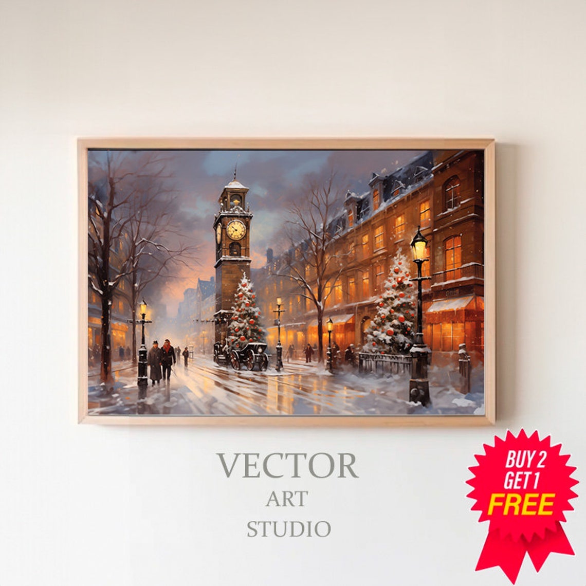 Snowy Vintage Christmas Clock Tower Scene on a Town Street Poster