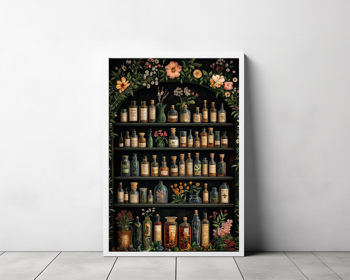 Witch Apothecary Shelves with Botanical Floral Border Poster - Image 3