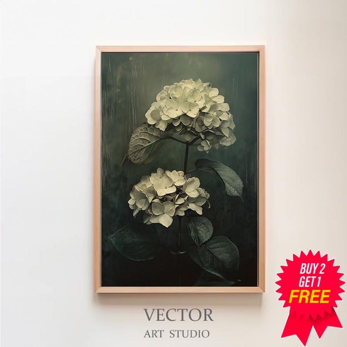Elegant White Hydrangea on Moody Dark Green Botanical Poster