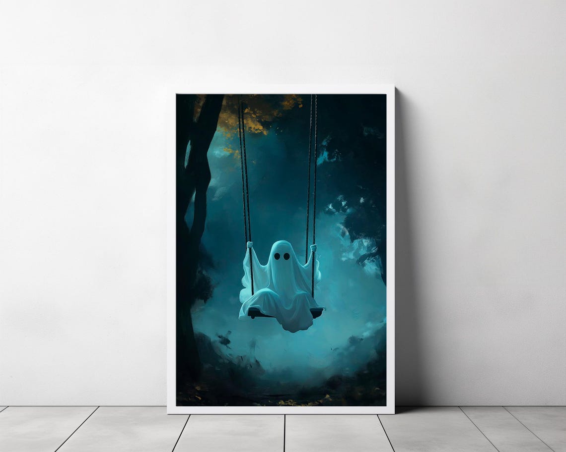 Cute Sheet Ghost Swinging in a Misty Blue Forest Night Poster - Image 3