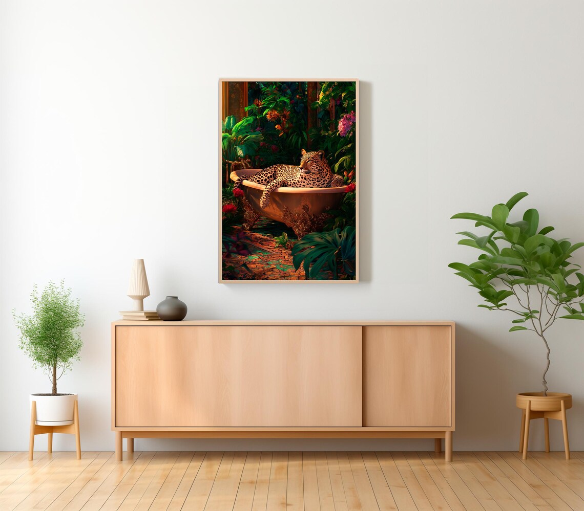 Leopard Lounging in a Golden Bathtub in a Lush Jungle Garden Poster - Image 2