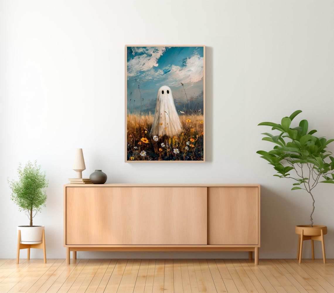 Cute Ghost in Wildflower Field Under Bright Blue Sky Halloween Poster - Image 2