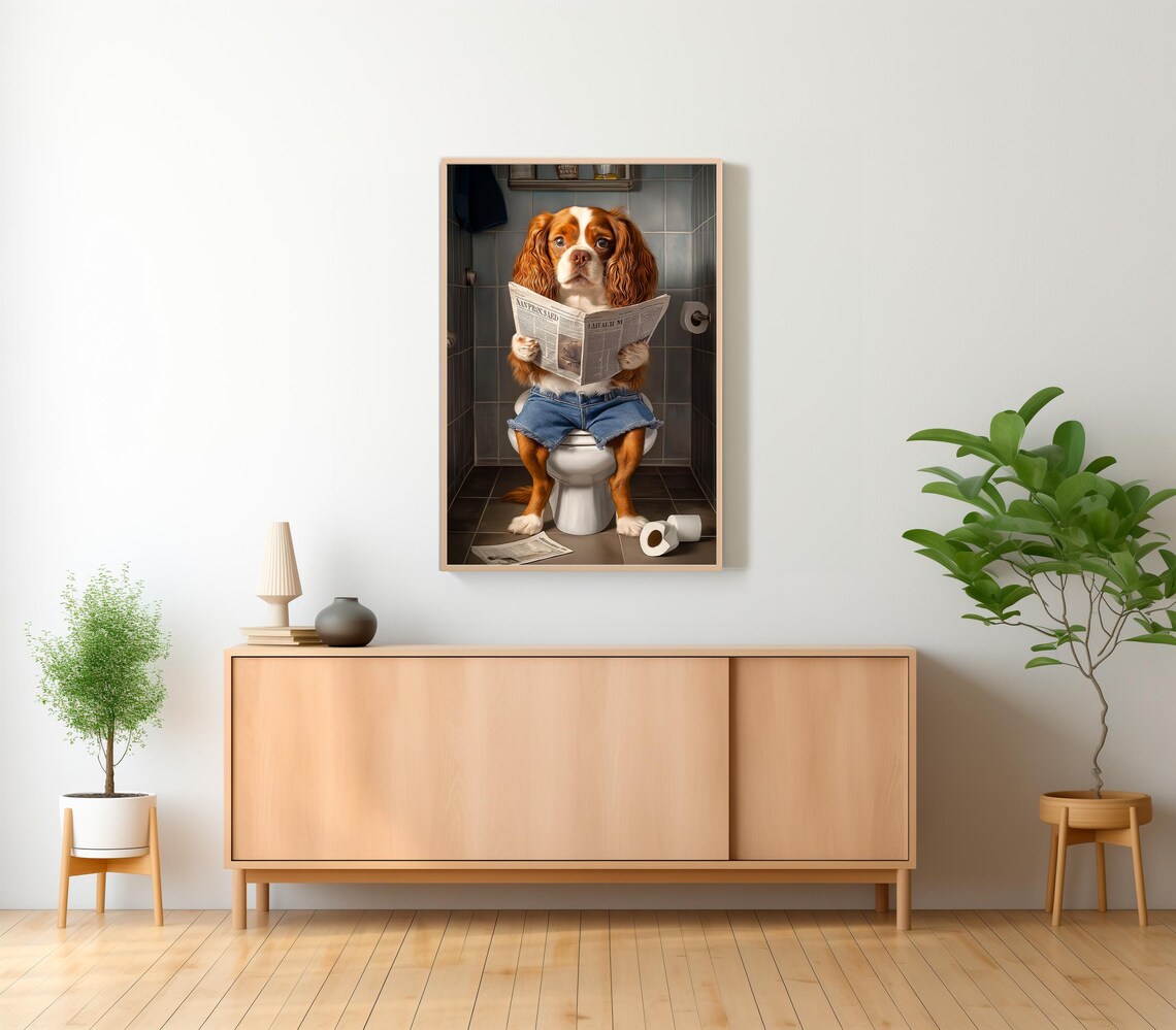 Cavalier King Charles Spaniel On Toilet Reading Newspaper Poster - Image 2