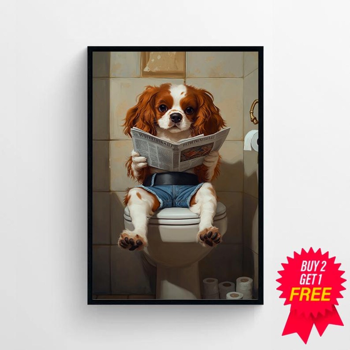 Cavalier King Charles Puppy On Toilet Reading Newspaper Poster - Image 4