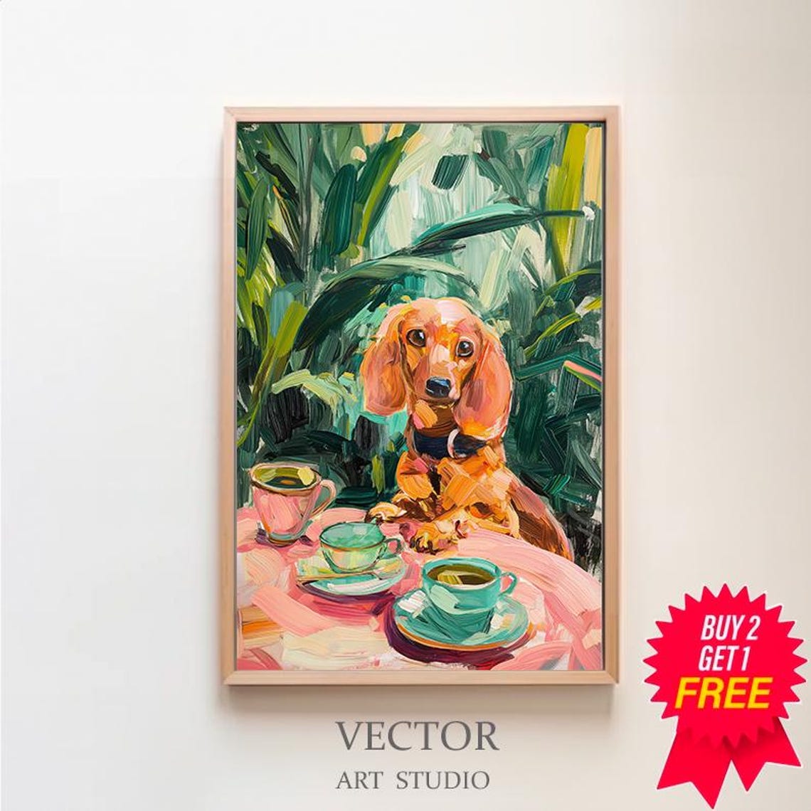 Dachshund Dog at Tea Table with Colorful Teacups Kitchen Wall Poster