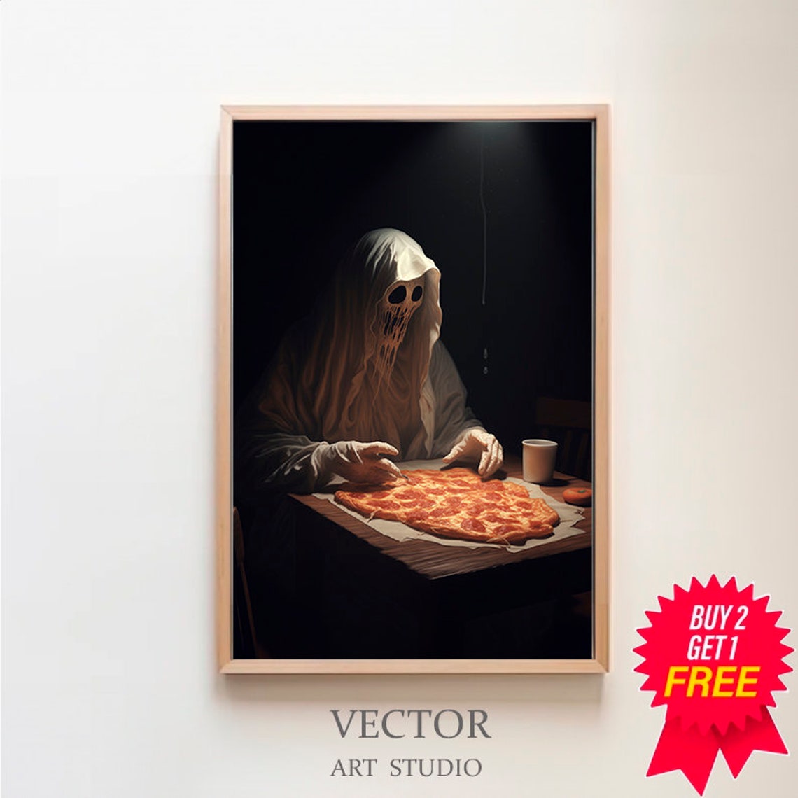 Ghost Eating Pepperoni Pizza Spooky Dark Gothic Halloween Poster