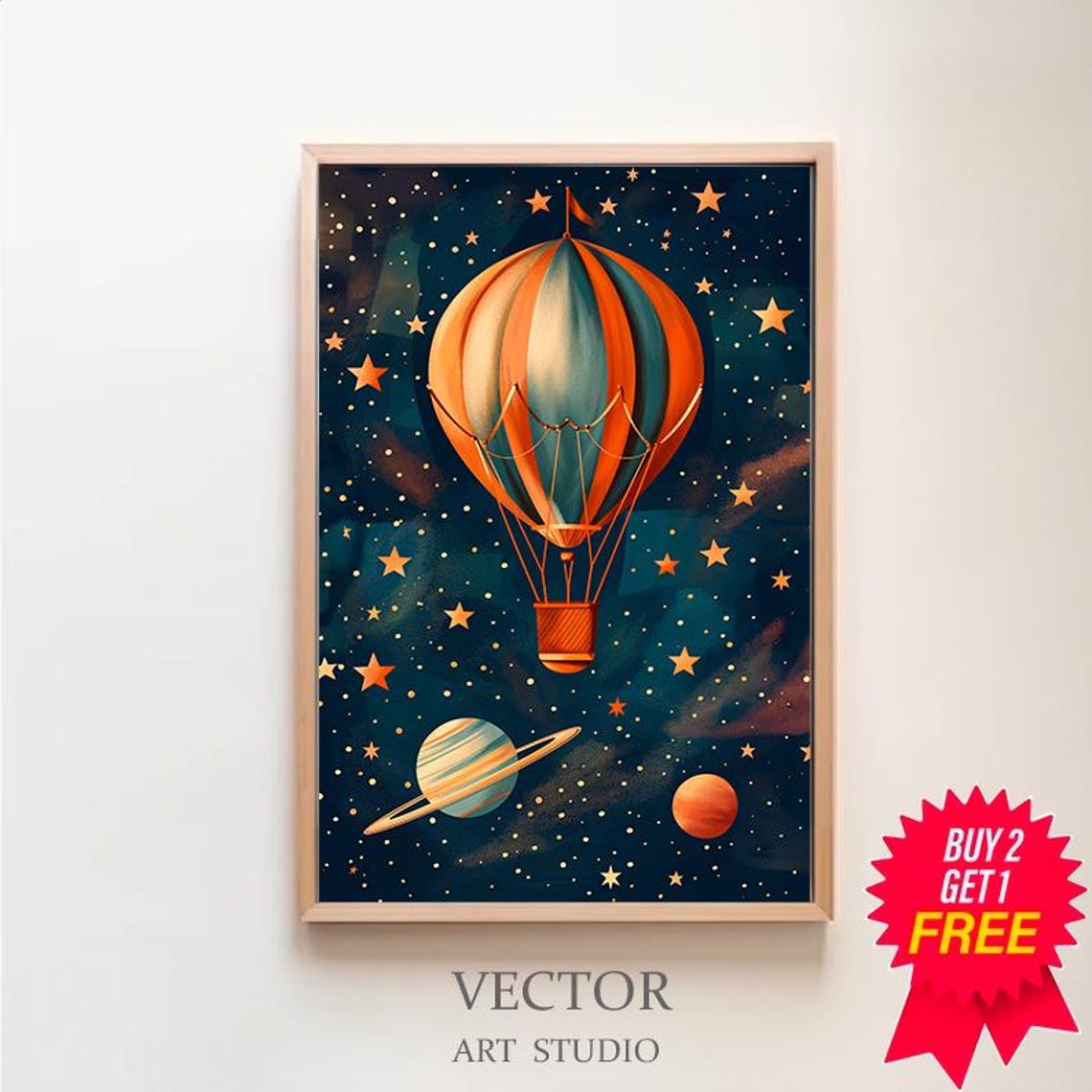 Hot Air Balloon Starry Night Sky Planets Kids Nursery Poster