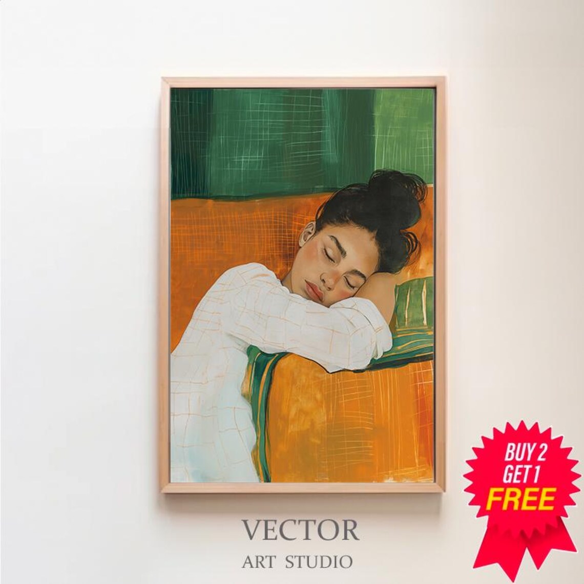Sleeping Woman Resting on an Emerald Green Striped Couch Poster