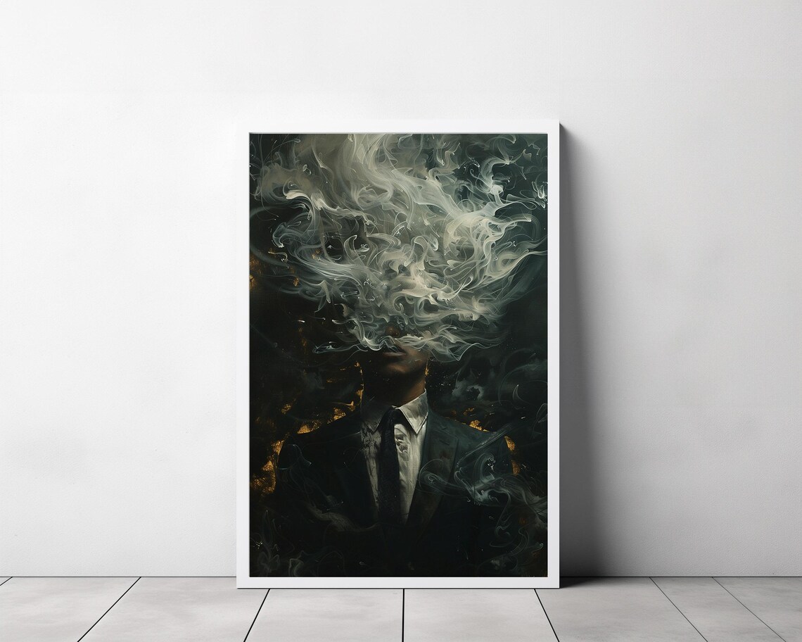 Veiled Man Smoke Portrait Mouth Revealed Surreal Dark Poster - Image 3