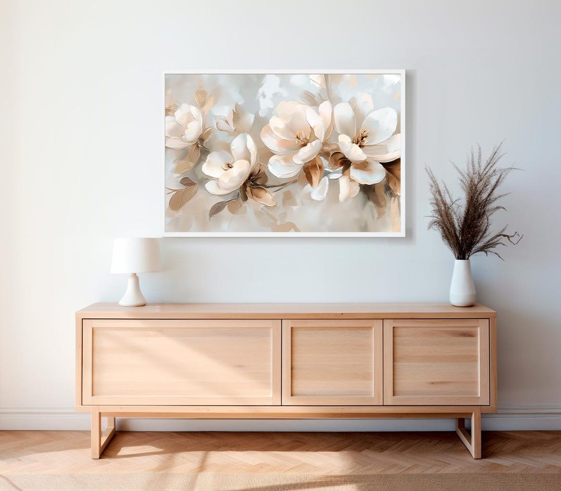 Creamy White Magnolia Blossoms On Soft Neutral Background Art Poster - Image 2