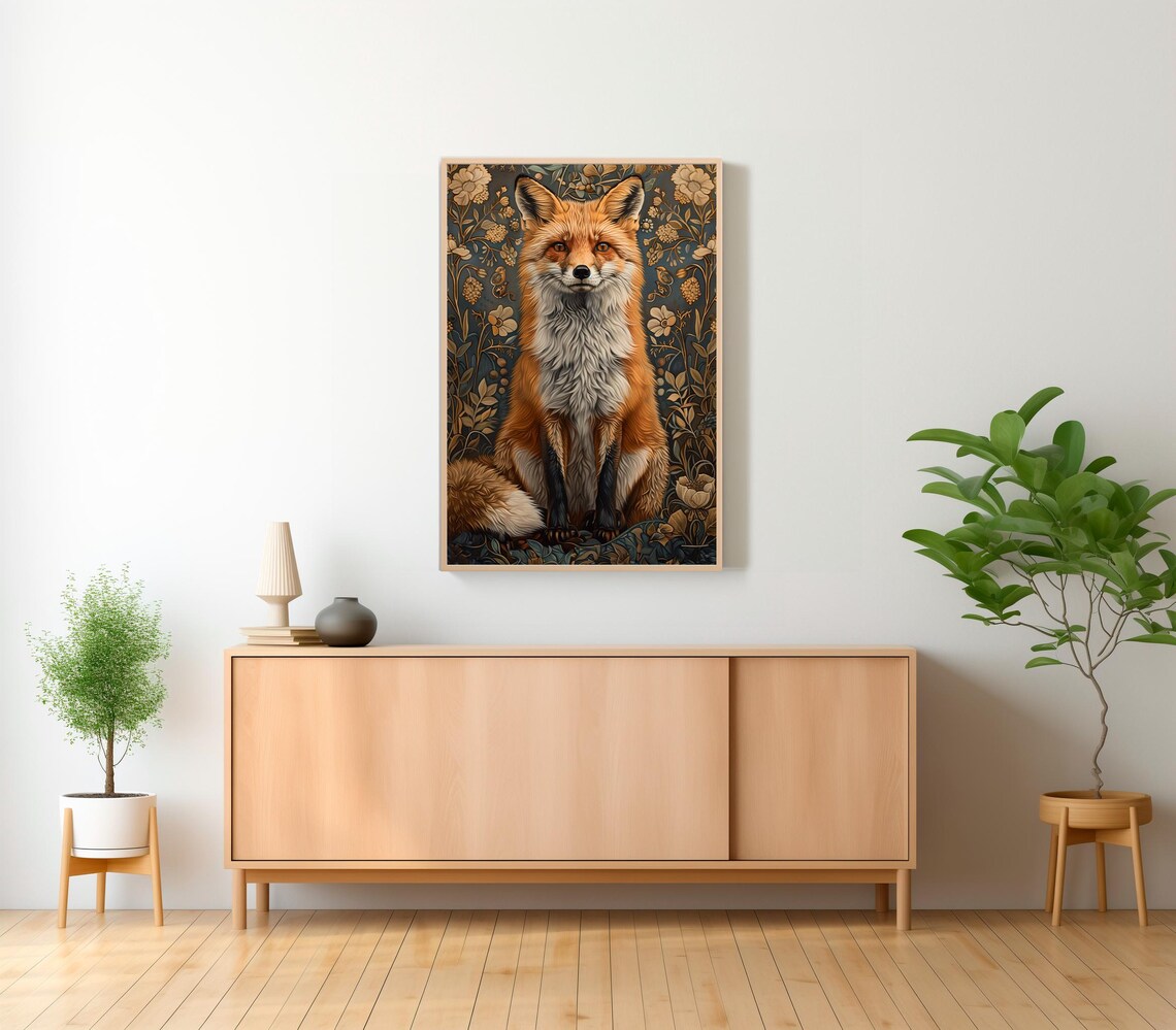 Red Fox in a Golden Floral Garden Vintage Botanical Style Art Poster - Image 2
