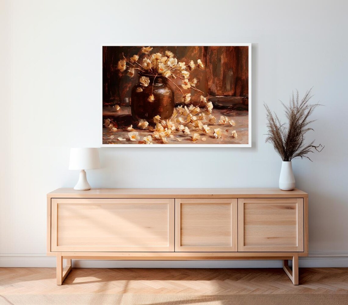 Moody White Blossoms In Dark Vintage Vase Floral Still Life Poster - Image 2