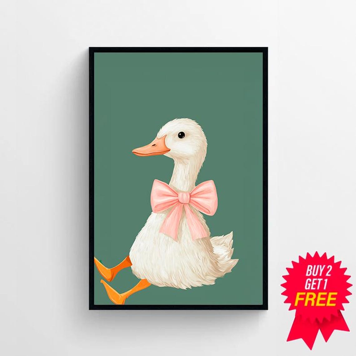 Cute Fluffy Duck With Big Pink Bow Running on Dark Green Poster - Image 4