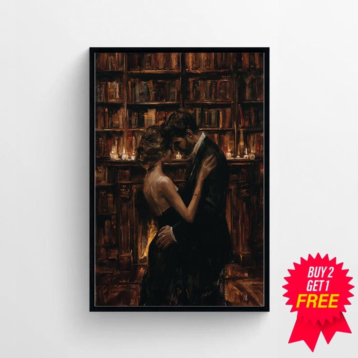 Lovers In Library Art Painting Couple Art Dark Academia Print Dark Oil Painting Gothic Decor For Book Lovers Moody Wall Art - Image 4