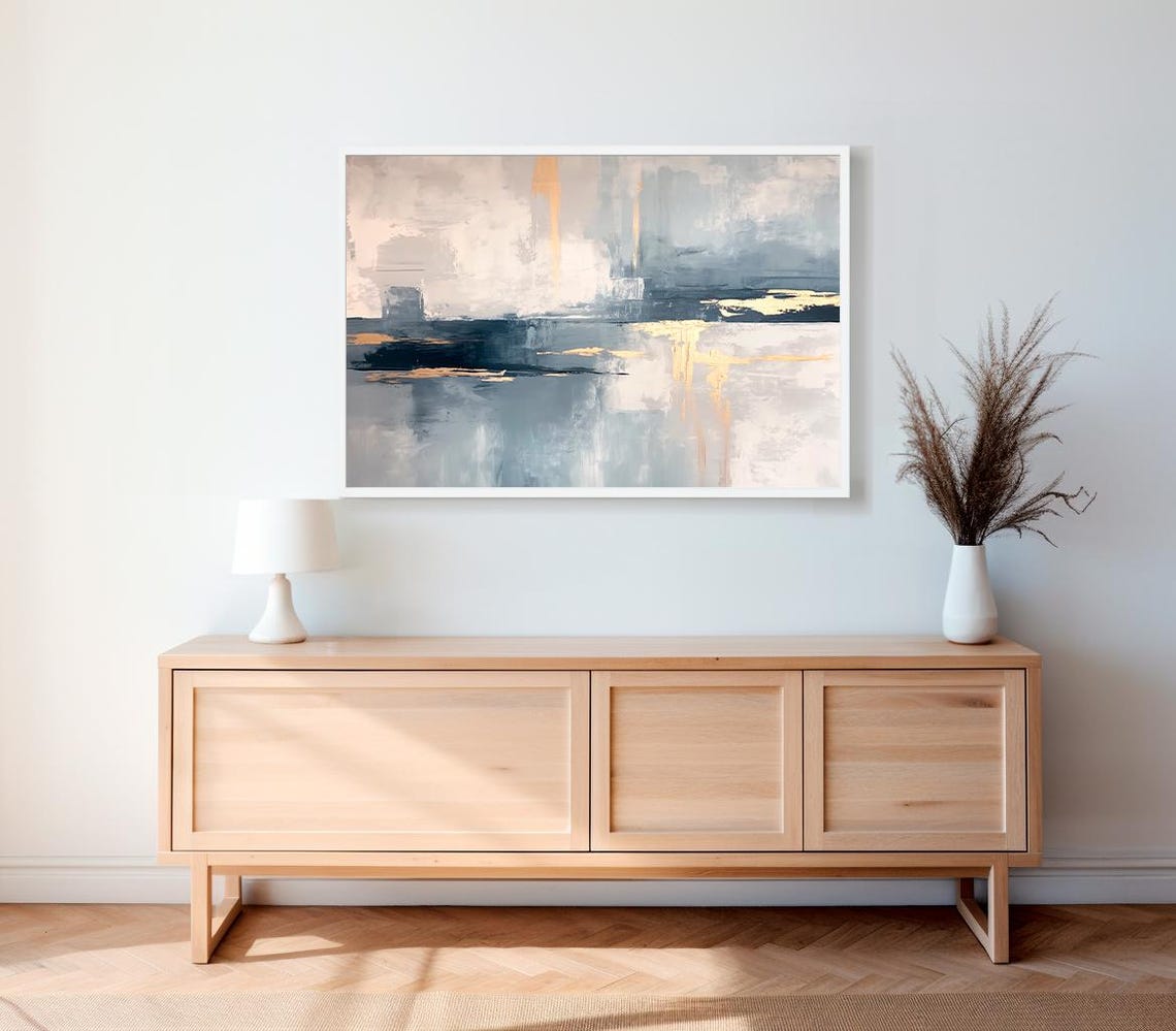 Deep Navy Blue and Gold Abstract Waterscape Modern Art Poster - Image 2