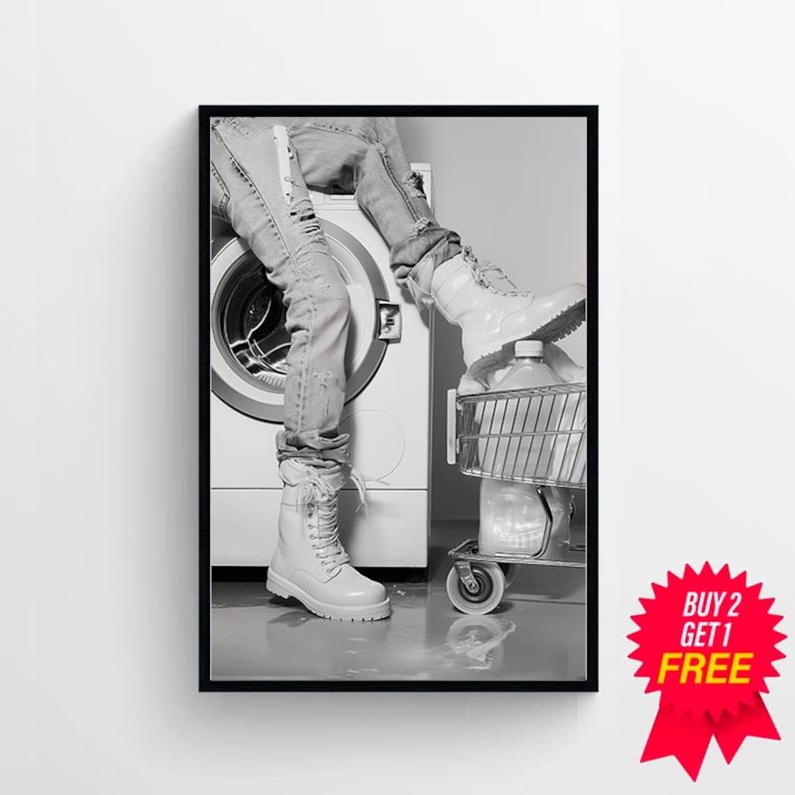 Black And White Woman In White Boots Laundry Day Photo Poster - Image 4