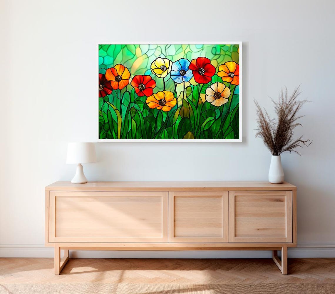 Stained Glass Poppies On A Green Background Floral Art Poster - Image 2