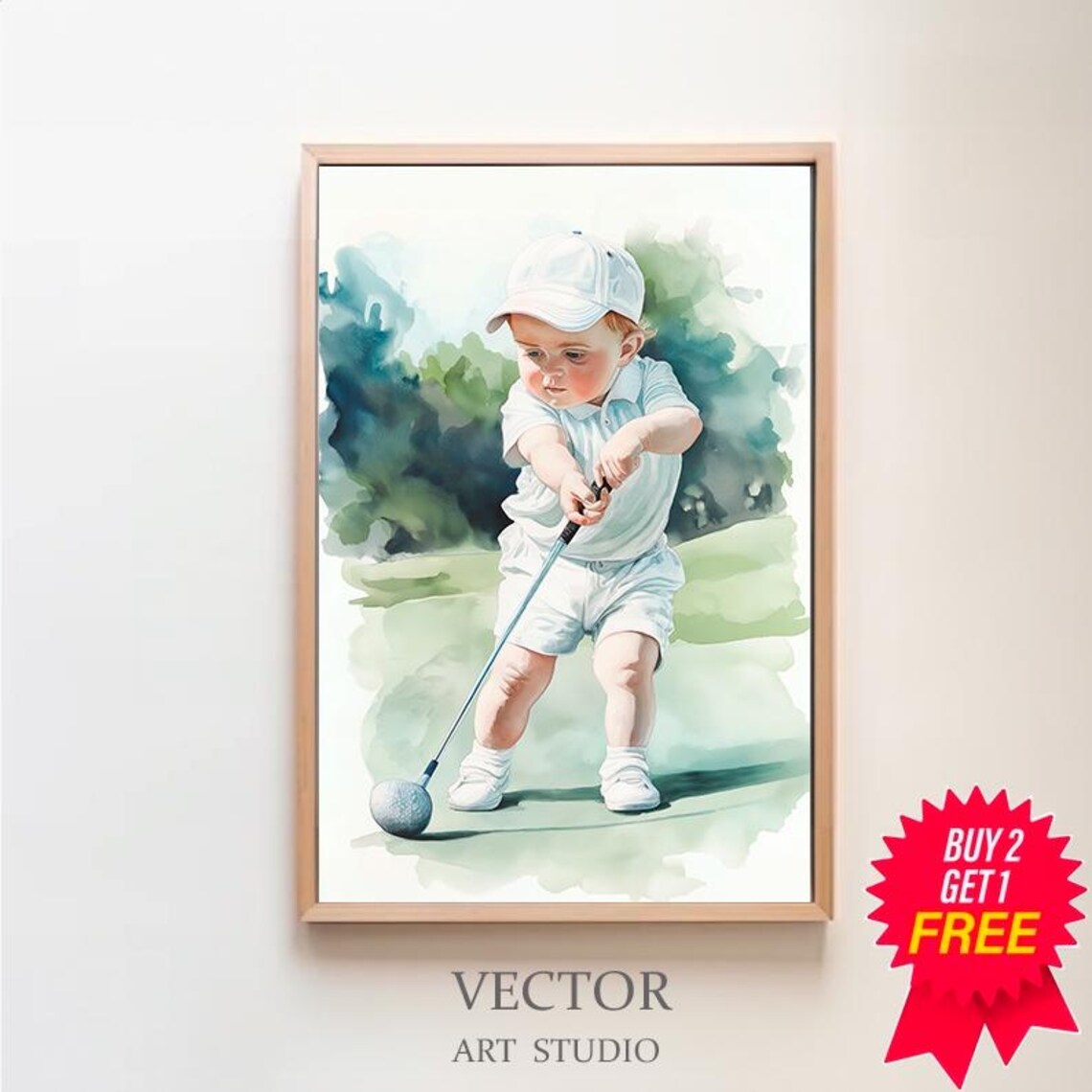 Toddler Golfer in White Lining Up a Putt on the Green Poster