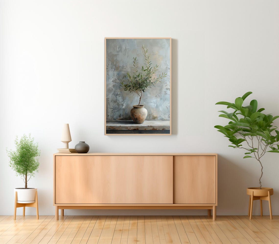 Young Olive Tree in a Rustic Clay Vase on a Textured Grey Wall Poster - Image 2