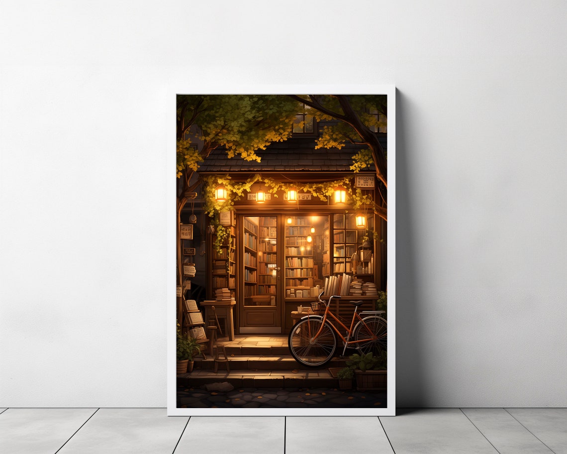 Cozy Night Bookshop Glowing Windows Bicycle Bookstore Poster - Image 3