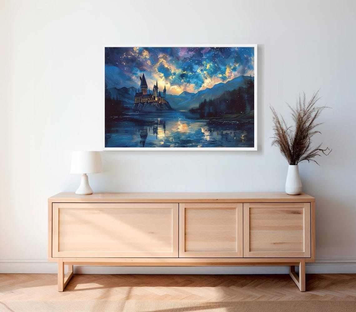 Wizarding Night Castle by the Lake under a Starry Sky Poster - Image 2