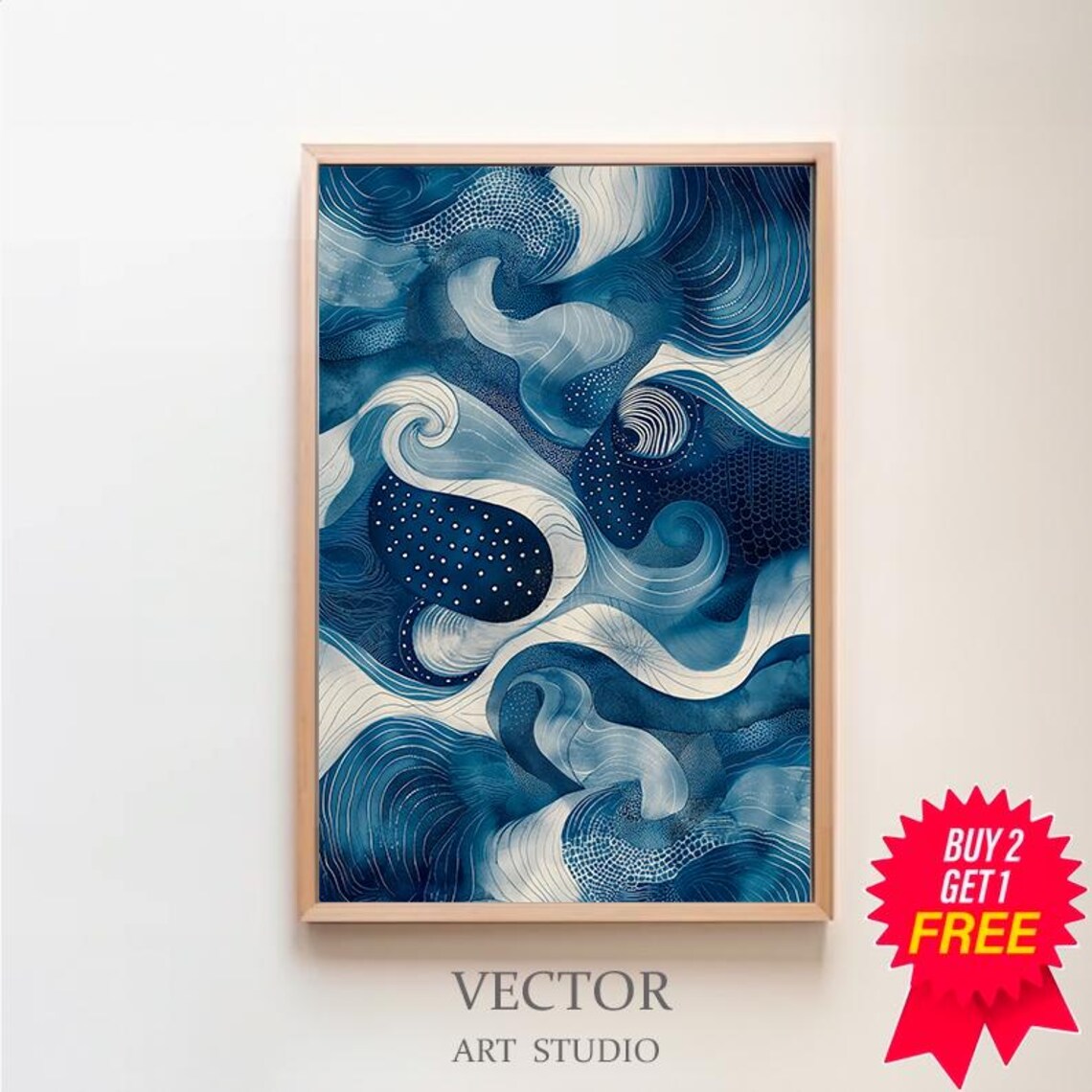 Dark Blue Denim Style Swirling Ocean Waves Abstract Art Poster