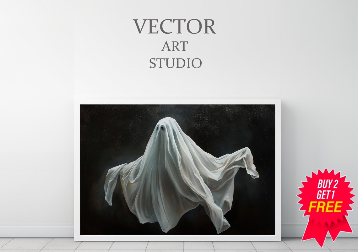 Classic White Sheet Ghost Floating On Pitch Black Oil Painting Poster - Image 3