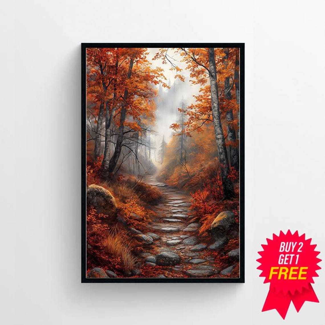 Moody Misty Autumn Forest Trail with Orange Birch Trees Poster - Image 4