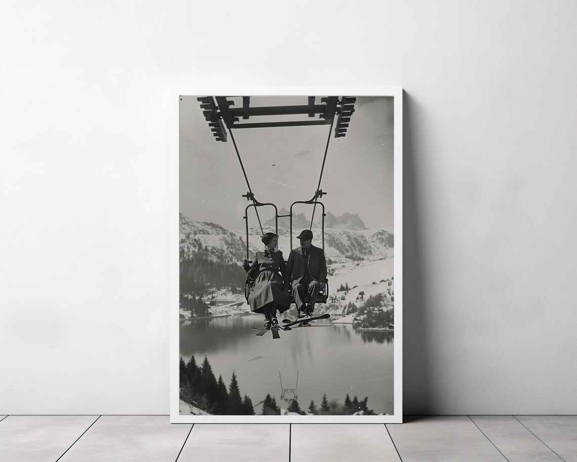 Vintage Couple Riding a Ski Lift Mountain Winter Photo Poster - Image 3