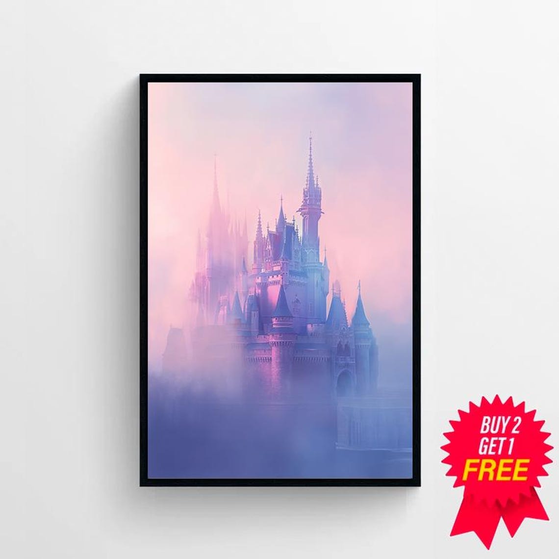 Dreamy Pastel Castle in a Lavender and Blue Mist Fantasy Wall Art - Image 4