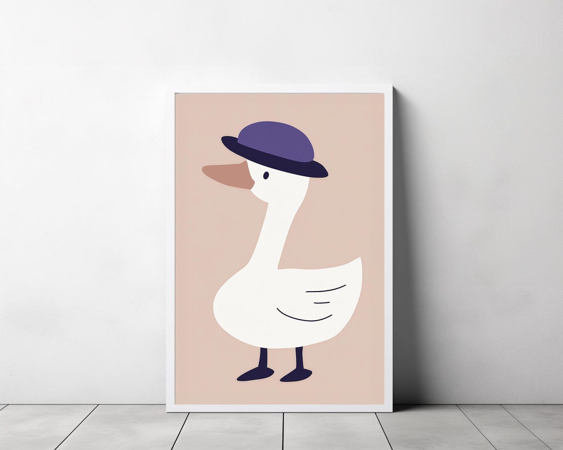 Cute White Goose in Purple Bowler Hat Minimalist Nursery Poster - Image 3
