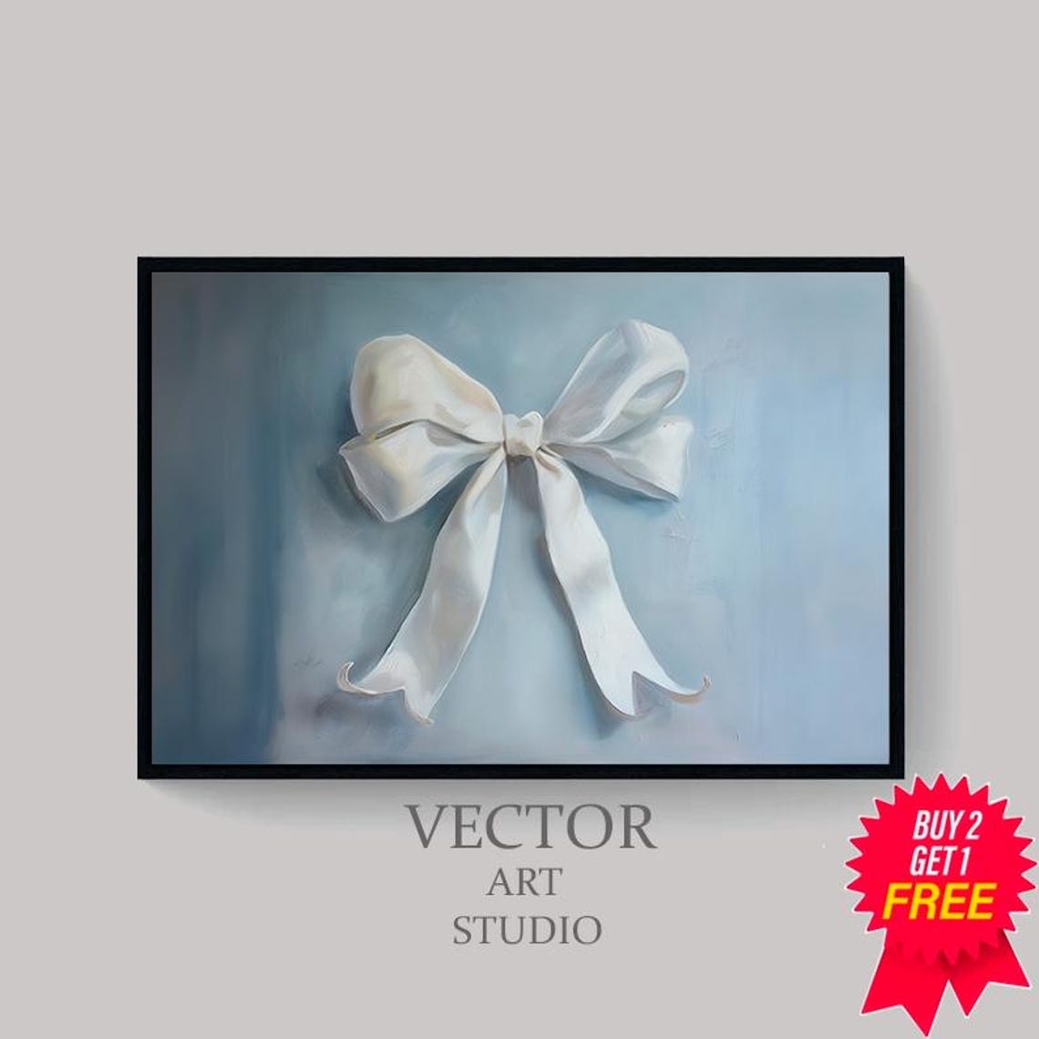 White Silk Bow On Soft Blue Grey Vintage Nursery Wall Poster - Image 4