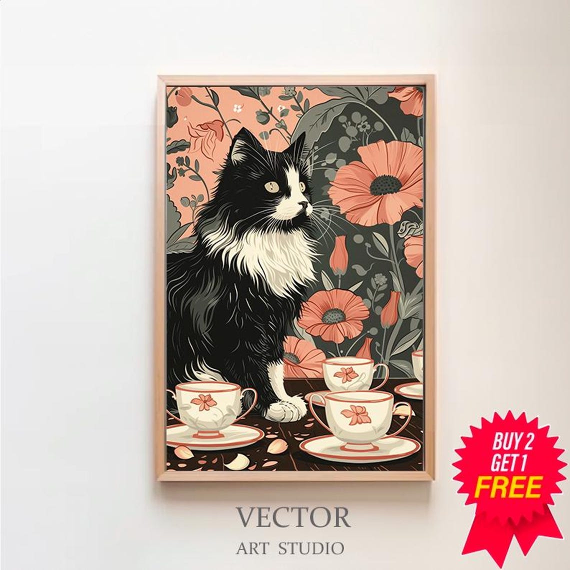 Cute Tuxedo Cat Enjoying Tea Time With Teacups Floral Poster
