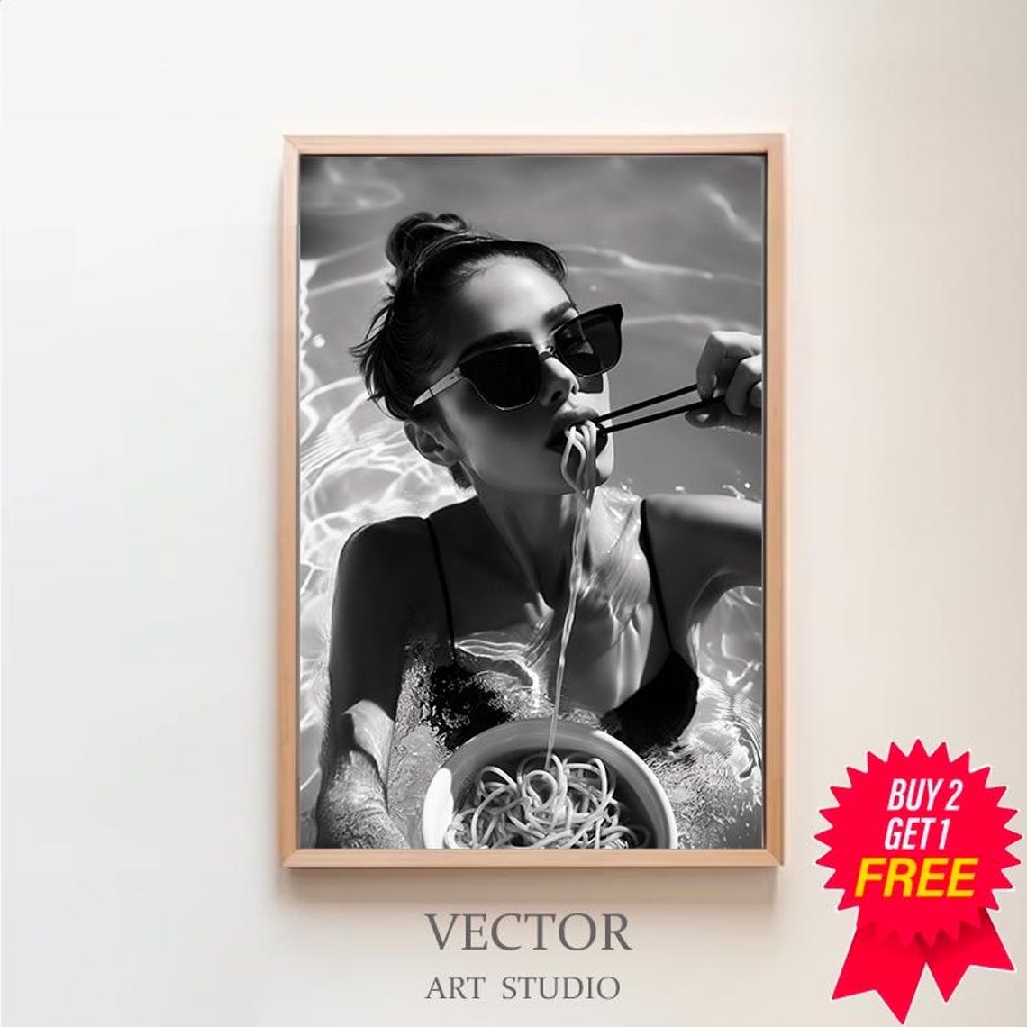 Woman Eating Noodles With Chopsticks In Pool Black White Print