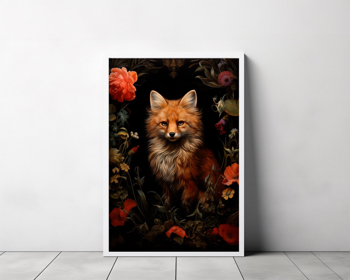Red Fox Framed By Dark Floral Vines Moody Botanical Art Poster - Image 3