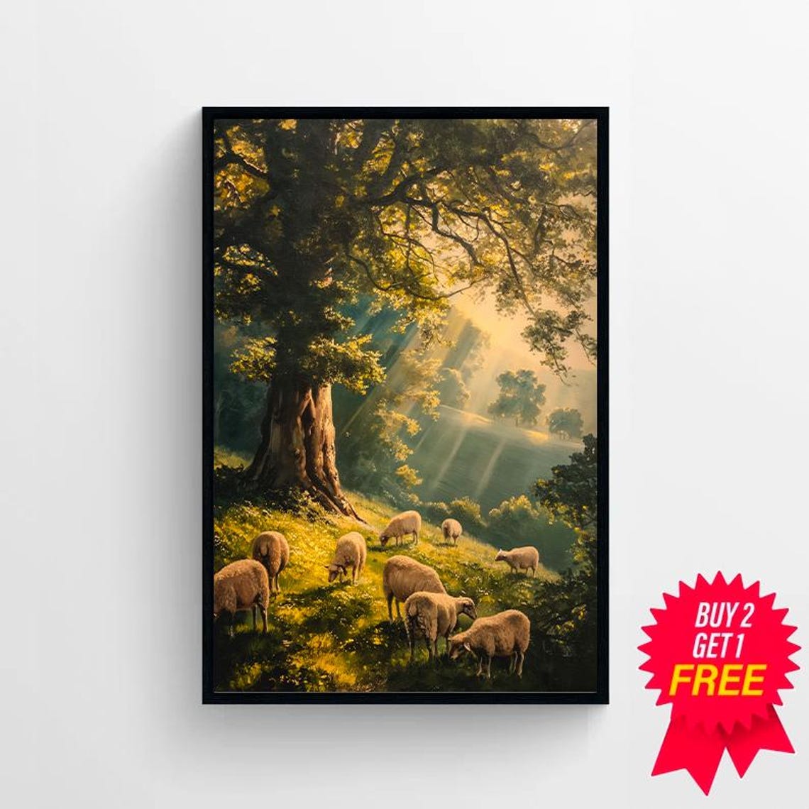 Peaceful Sheep Grazing Beneath a Sunlit Tree Golden Hour Poster - Image 4