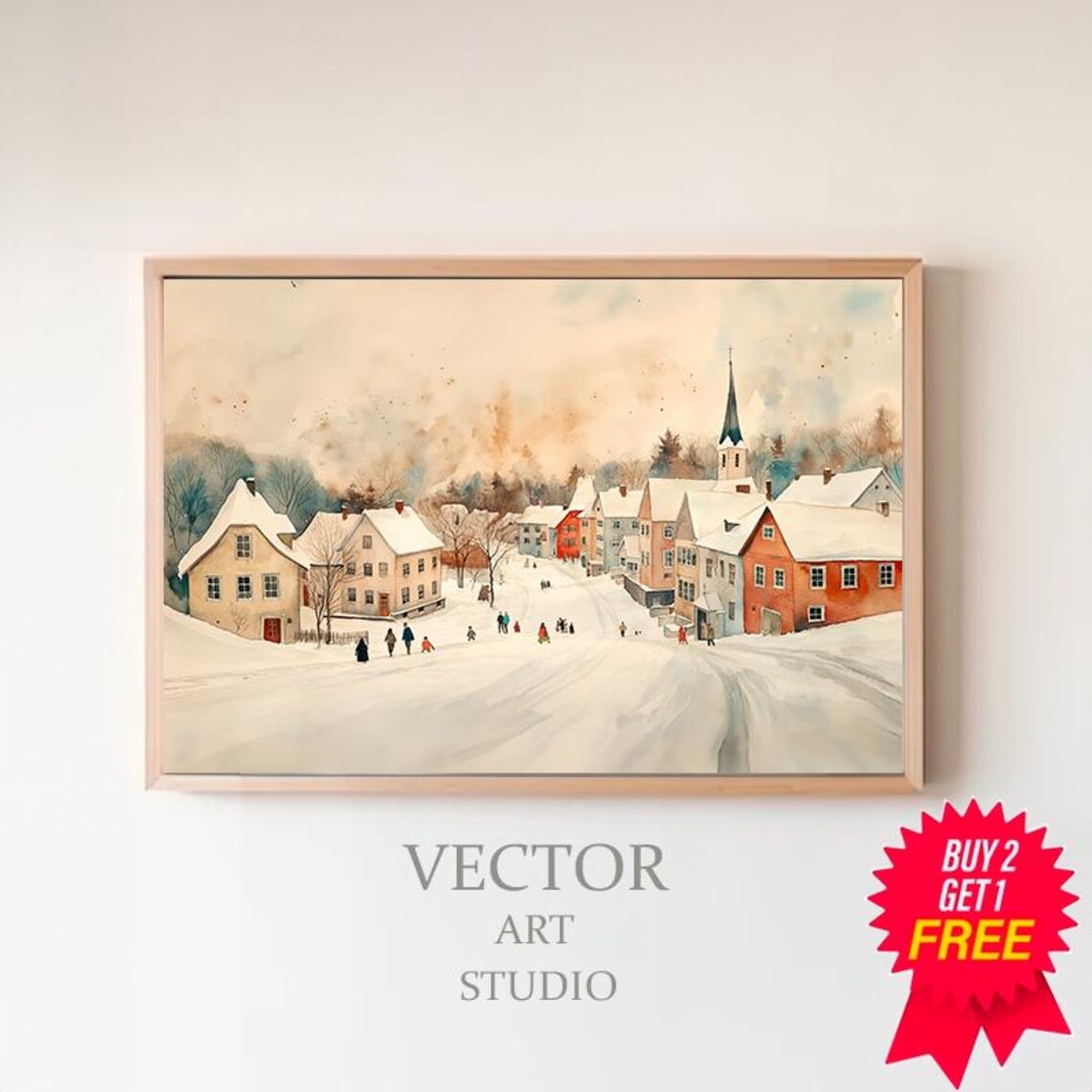 Snowy Winter Village With Church Watercolor Christmas Scene Poster