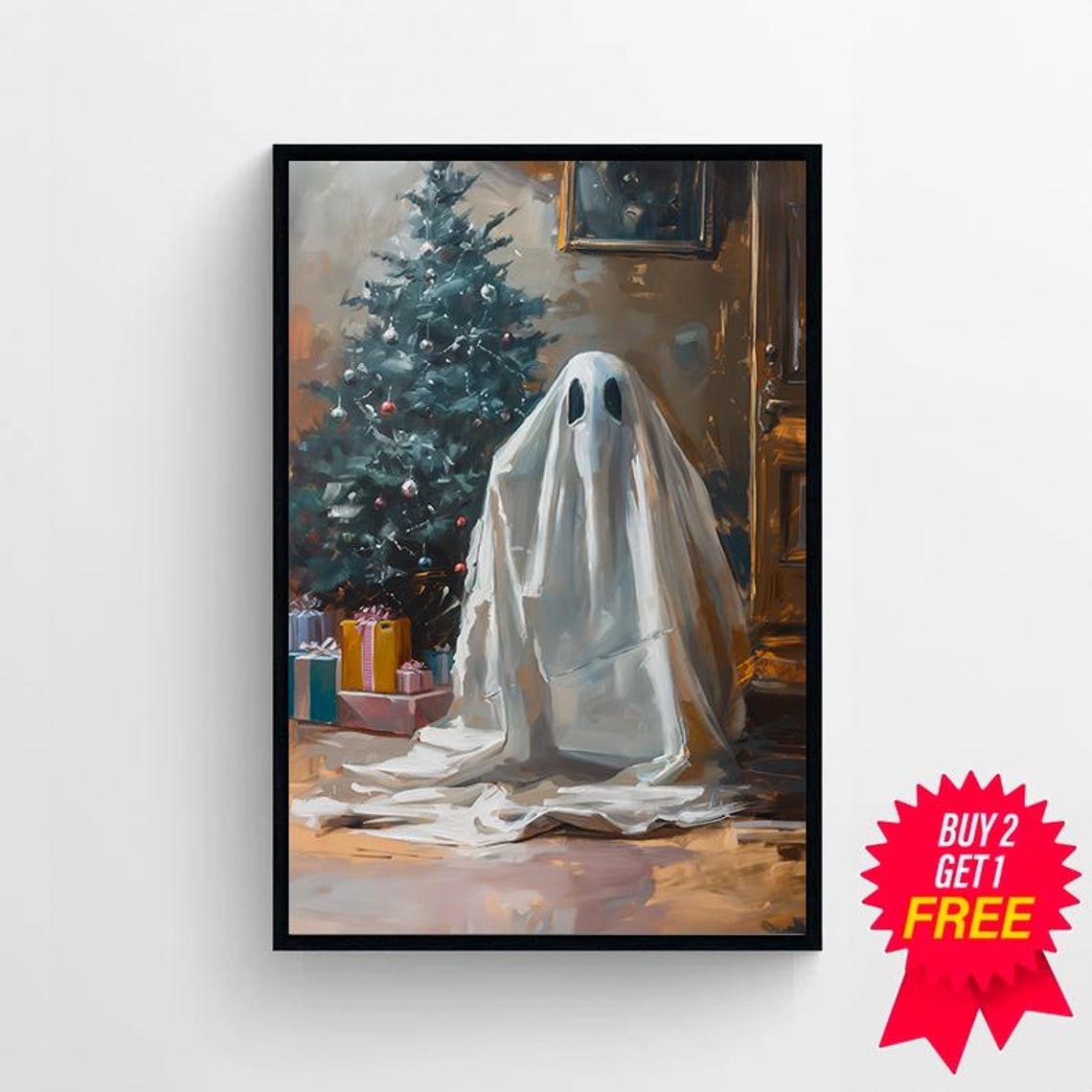 Sheet Ghost By Christmas Tree Grey Holiday Vintage Decor Poster - Image 4