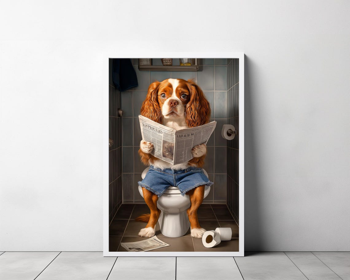 Cavalier King Charles Spaniel On Toilet Reading Newspaper Poster - Image 3