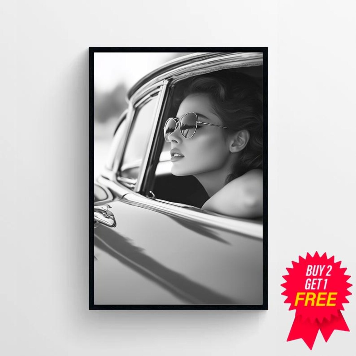 Vintage Woman in Sunglasses Leaning From a Classic Car Poster - Image 4