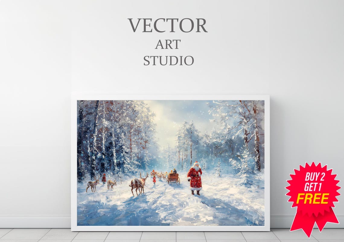 Santa Claus Walking With Reindeer Sleigh In Snowy Forest Wall Art - Image 3