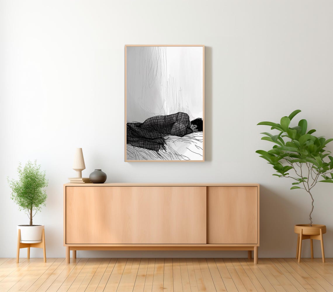 Sleeping Man Minimalist Ink Line Drawing People Sketch Poster - Image 2