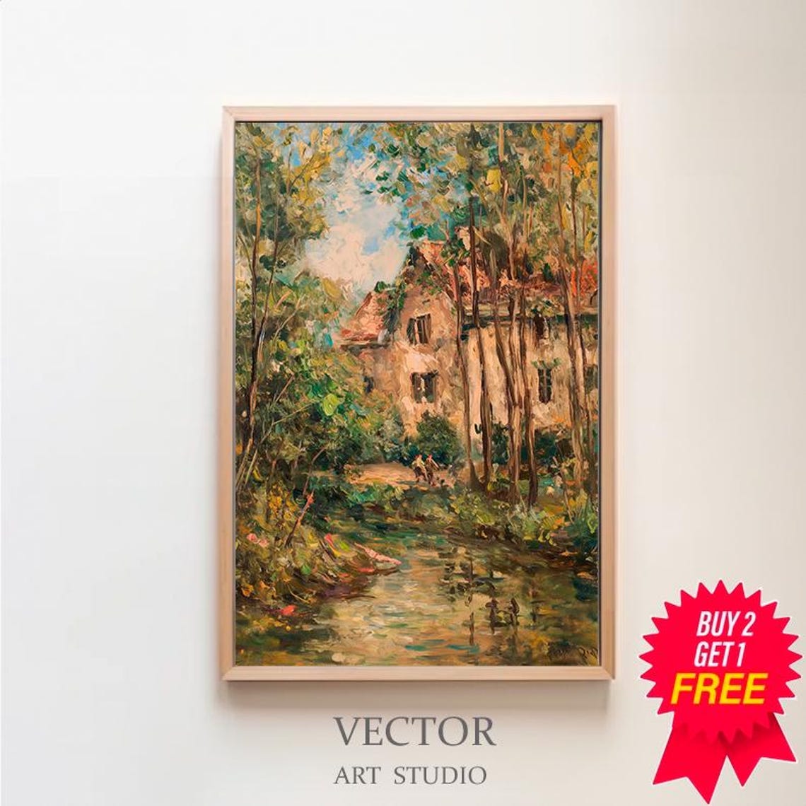 Spring Country Oil Painting Vintage Stream Landscape Print Rustic Farmhouse Cottage Print Art Art