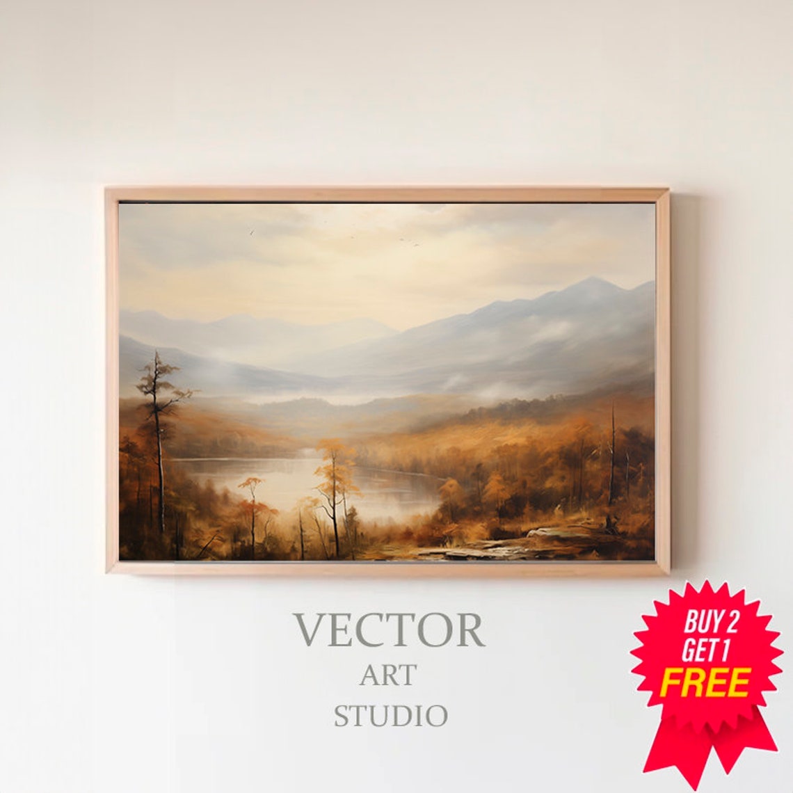 Misty Autumn Mountain Lake Landscape Painting Vintage Poster