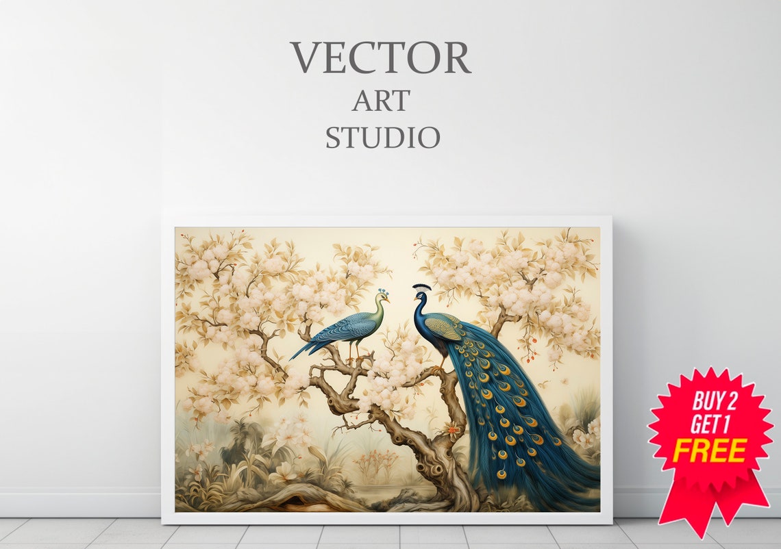 Peacock Pair Blooming Tree Facing Each Other Chinoiserie Poster - Image 3