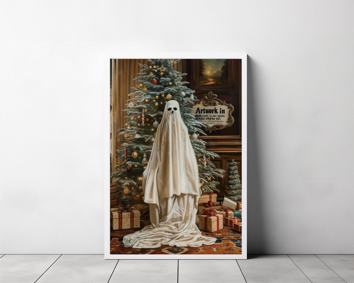 Cute Sheet Ghost Beside Decorated Christmas Tree Holiday Poster - Image 3