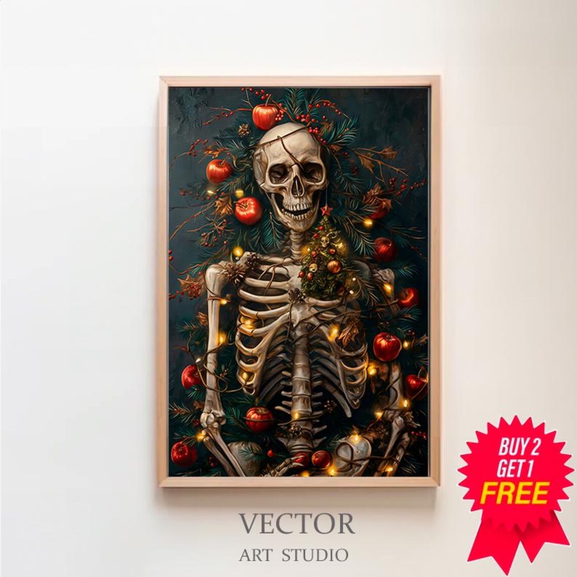 Smiling Skeleton In Christmas Lights Red Apples Dark Holiday Poster