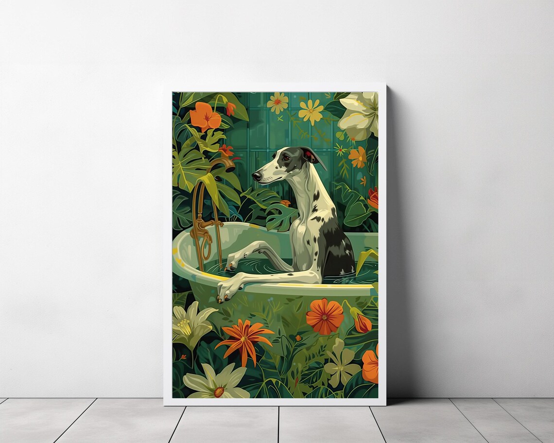 Greyhound Dog Relaxing in Bathtub Amid Tropical Flowers Poster - Image 3